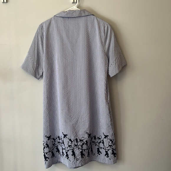 Nicole Miller Studio Blue White Striped Shirt Dress Embroidered Monkeys Size 10 - Picture 9 of 13